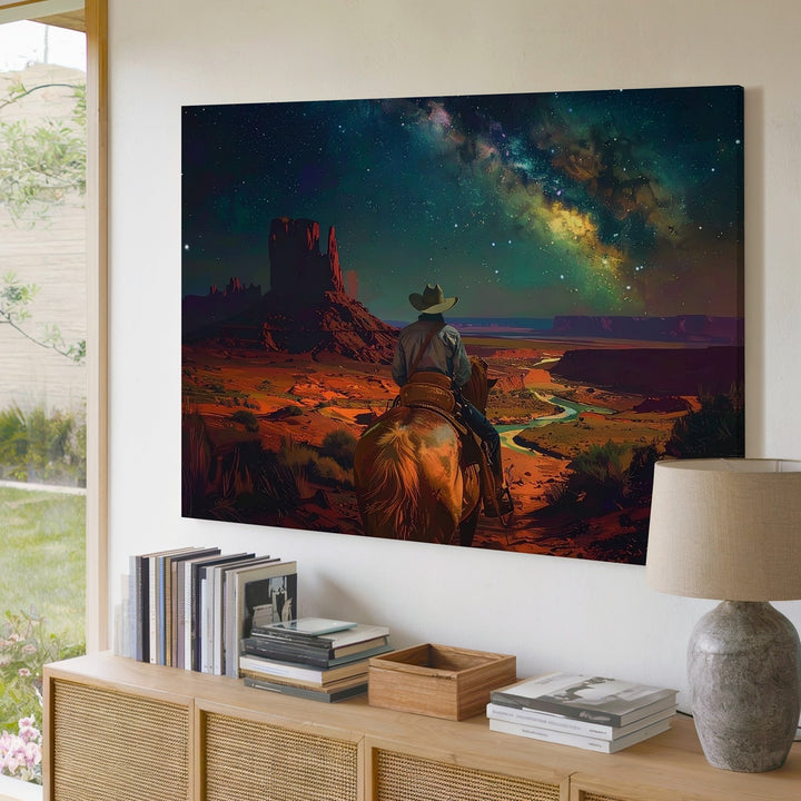 Celestial Cowboy Canvas – Surreal Night Sky Desert Ride - Gifitto