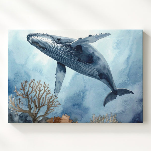 Misty Humpback Whale Canvas – Textured Watercolor Ocean Art
