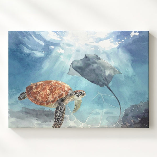 Sea Turtle & Stingray Canvas – Luminous Upward Underwater Scene