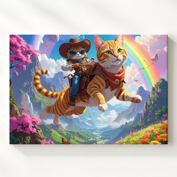 Flying Cowboy Cat Canvas – Whimsical Fantasy Adventure Art - Gifitto