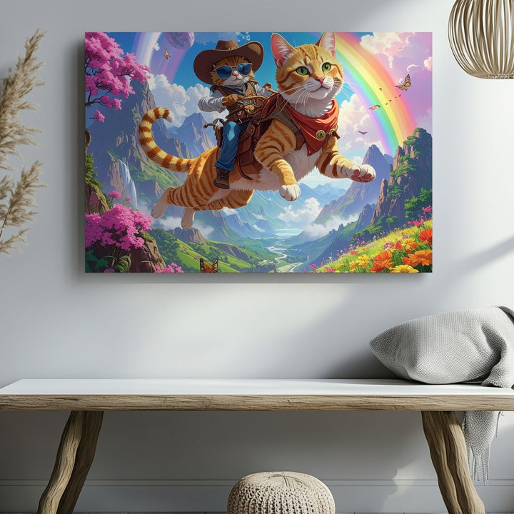 Flying Cowboy Cat Canvas – Whimsical Fantasy Adventure Art - Gifitto