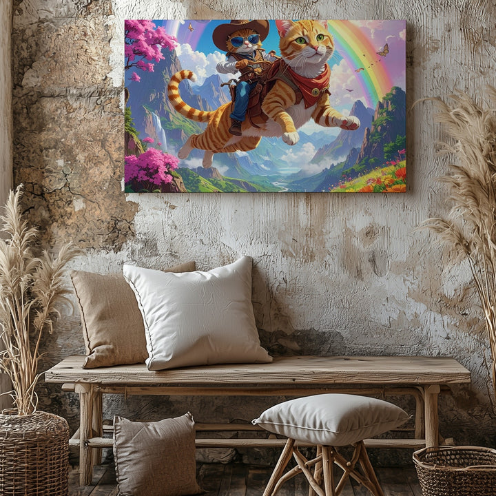 Flying Cowboy Cat Canvas – Whimsical Fantasy Adventure Art - Gifitto