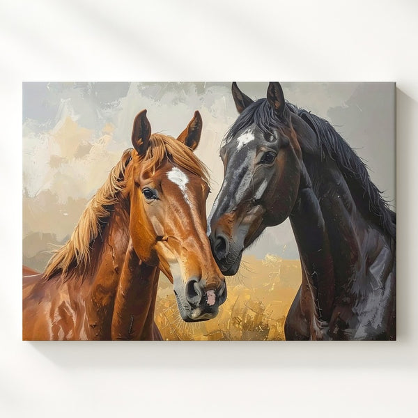 Intimate Horse Portrait Canvas – Chestnut and Black Horses in Tender Bond - Gifitto
