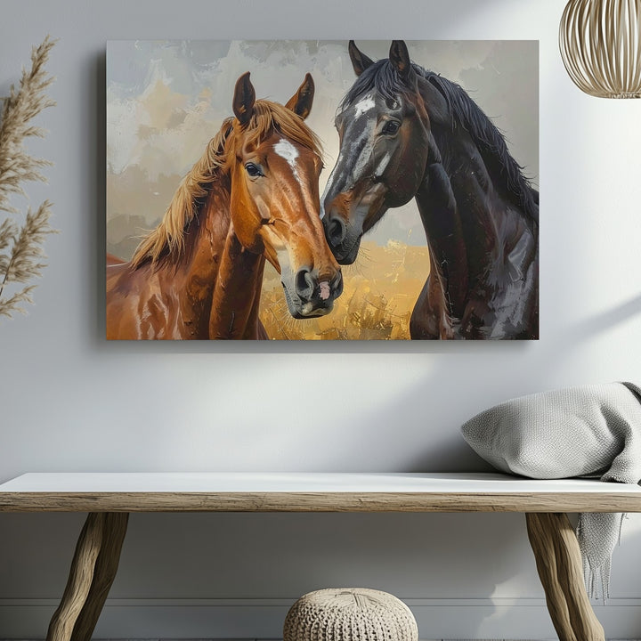 Intimate Horse Portrait Canvas – Chestnut and Black Horses in Tender Bond - Gifitto