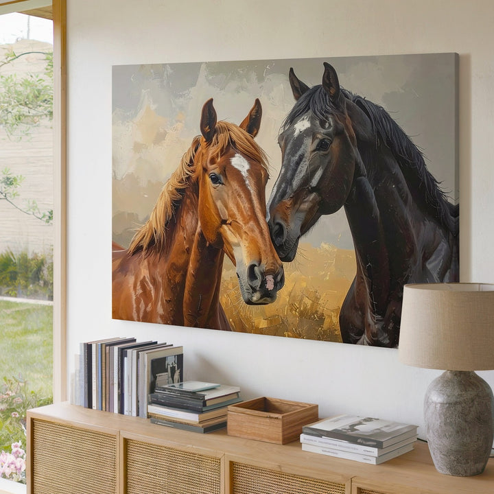 Intimate Horse Portrait Canvas – Chestnut and Black Horses in Tender Bond - Gifitto
