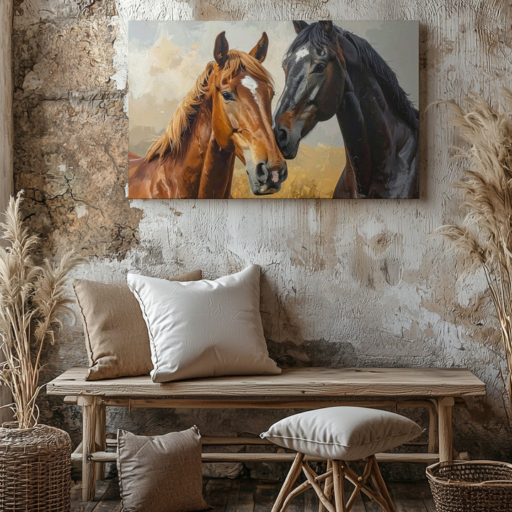 Intimate Horse Portrait Canvas – Chestnut and Black Horses in Tender Bond - Gifitto