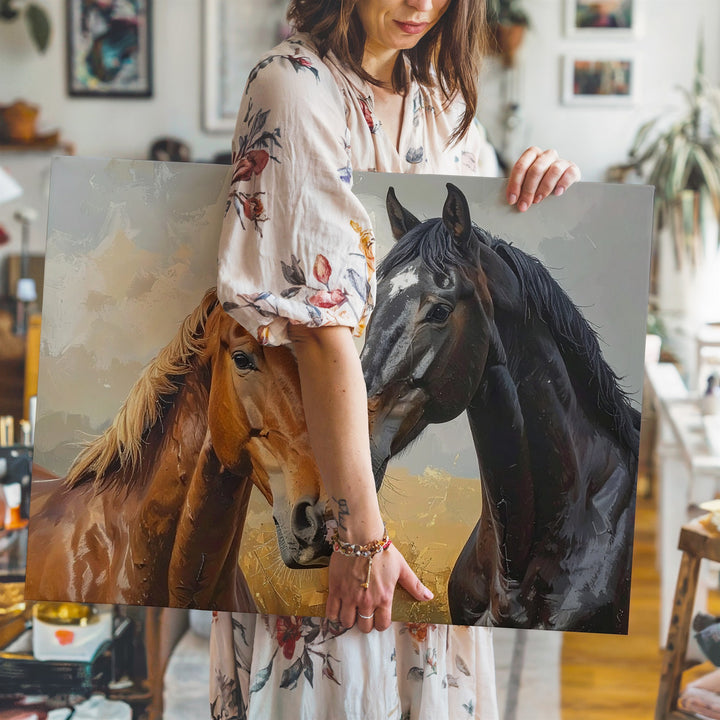 Intimate Horse Portrait Canvas – Chestnut and Black Horses in Tender Bond - Gifitto