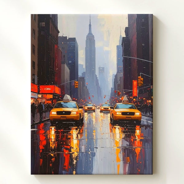 Rainy NYC Evening Canvas – Painterly Street Scene with Yellow Taxis