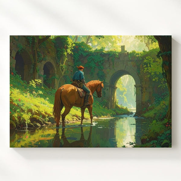 Forest Crossing Adventurer Canvas – Tranquil Fantasy Horseback Scene - Gifitto