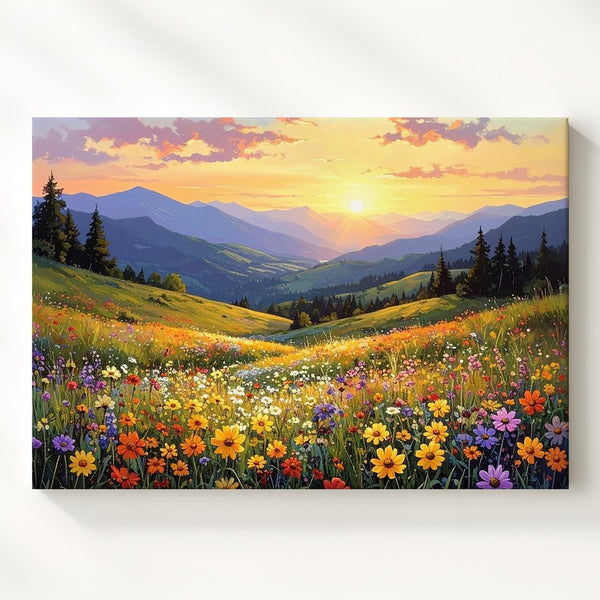 Sunlit Mountain Meadow Canvas – Vibrant Wildflower Landscape Art - Gifitto
