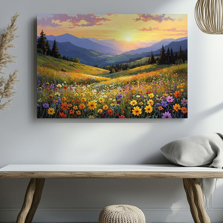 Sunlit Mountain Meadow Canvas – Vibrant Wildflower Landscape Art - Gifitto