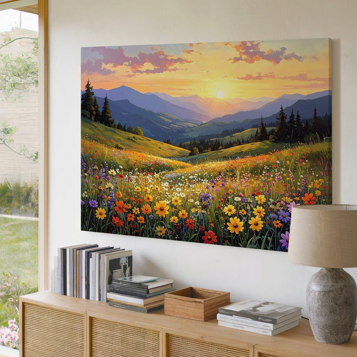 Sunlit Mountain Meadow Canvas – Vibrant Wildflower Landscape Art - Gifitto