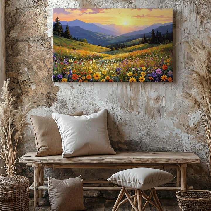 Sunlit Mountain Meadow Canvas – Vibrant Wildflower Landscape Art - Gifitto