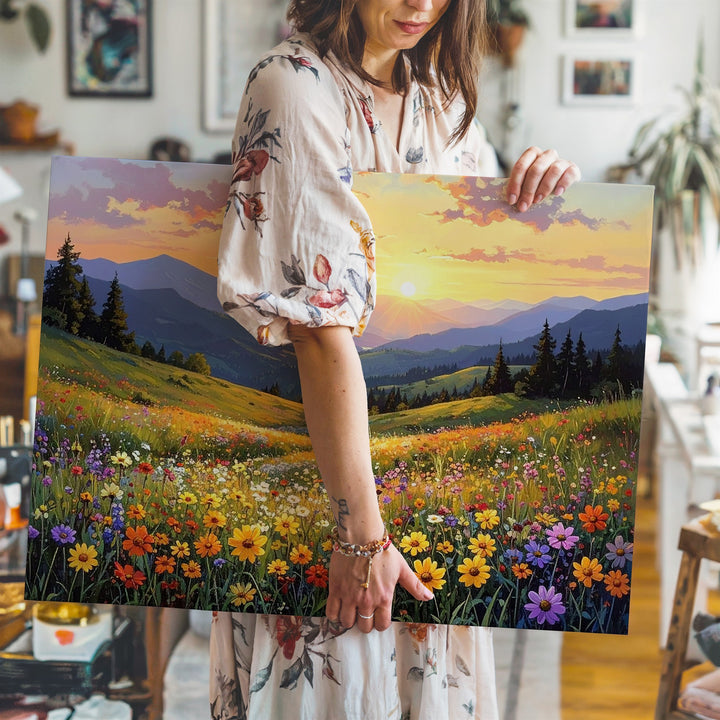 Sunlit Mountain Meadow Canvas – Vibrant Wildflower Landscape Art - Gifitto