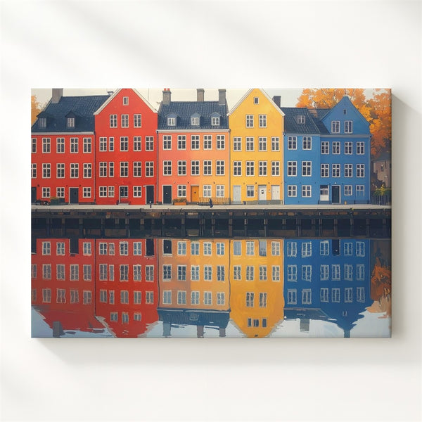 Colorful Waterfront Town Canvas – European Houses with Reflections - Gifitto