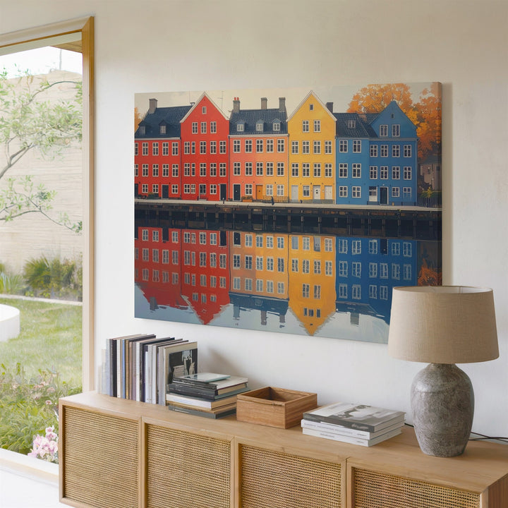 Colorful Waterfront Town Canvas – European Houses with Reflections - Gifitto