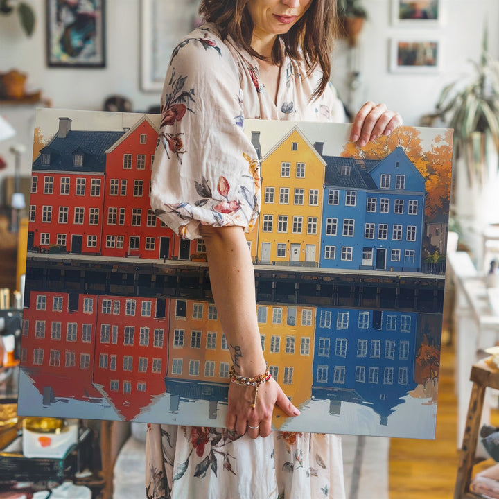 Colorful Waterfront Town Canvas – European Houses with Reflections - Gifitto
