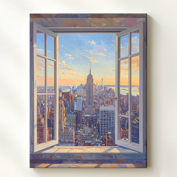 New York City Skyline Canvas – Panoramic View from White-Framed Window - Gifitto