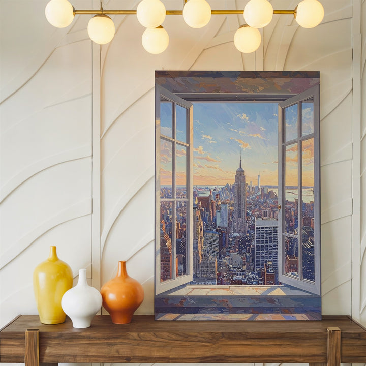 New York City Skyline Canvas – Panoramic View from White-Framed Window - Gifitto