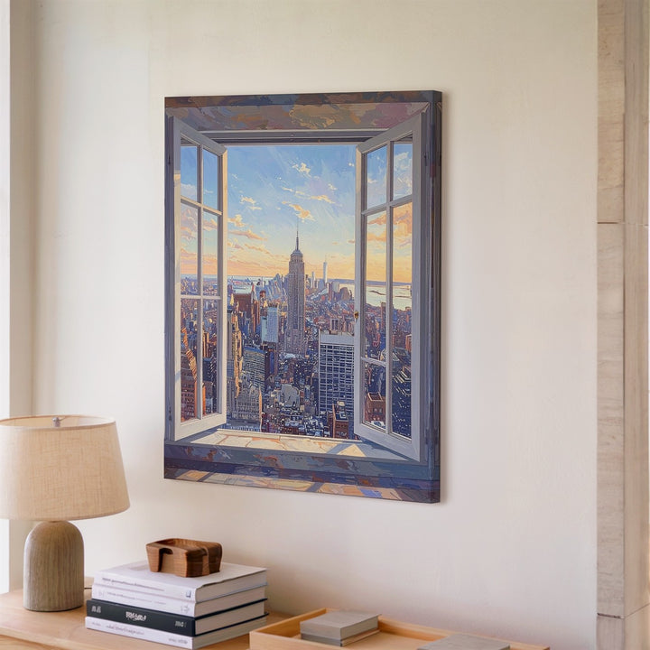 New York City Skyline Canvas – Panoramic View from White-Framed Window - Gifitto