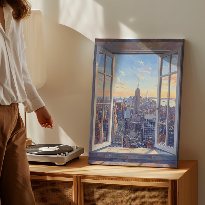 New York City Skyline Canvas – Panoramic View from White-Framed Window - Gifitto