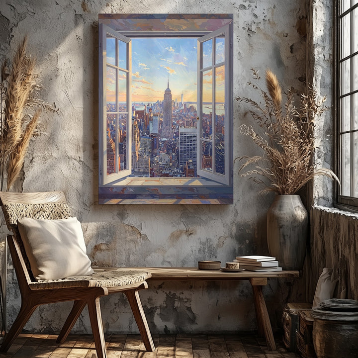 New York City Skyline Canvas – Panoramic View from White-Framed Window - Gifitto