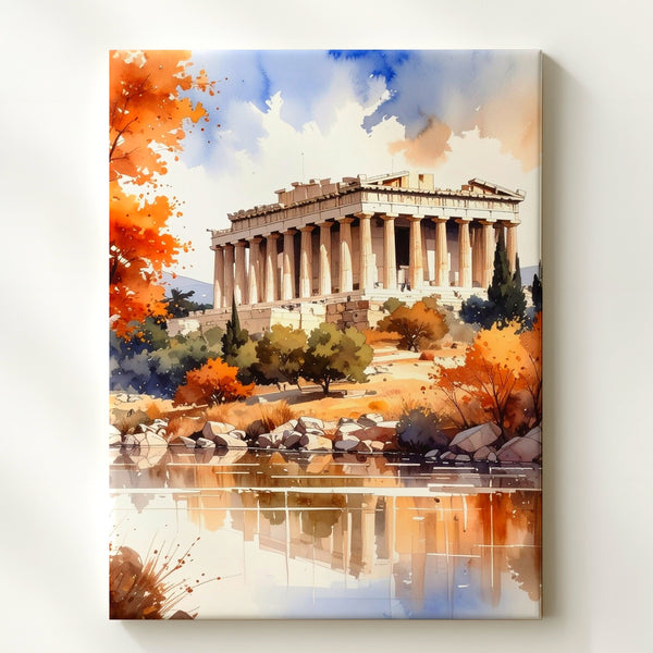 Autumn Parthenon Canvas – Watercolor Painting of Classical Architecture & Fall Reflections - Gifitto