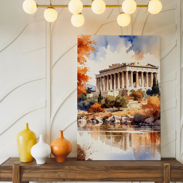 Autumn Parthenon Canvas – Watercolor Painting of Classical Architecture & Fall Reflections - Gifitto