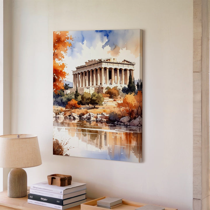 Autumn Parthenon Canvas – Watercolor Painting of Classical Architecture & Fall Reflections - Gifitto