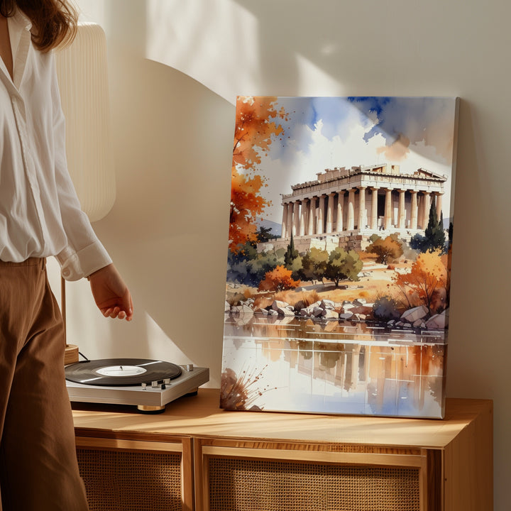 Autumn Parthenon Canvas – Watercolor Painting of Classical Architecture & Fall Reflections - Gifitto