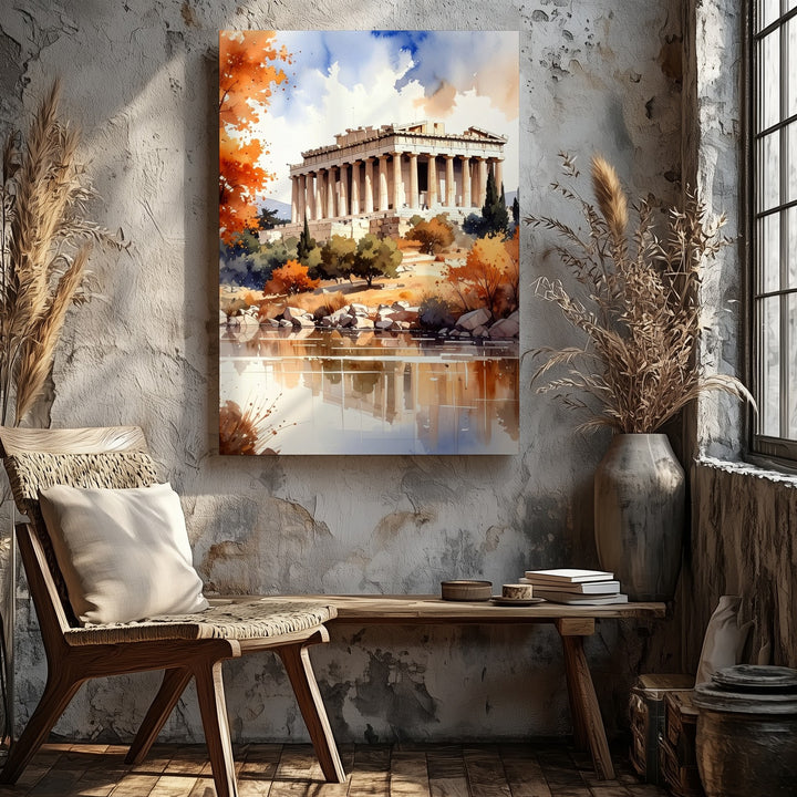 Autumn Parthenon Canvas – Watercolor Painting of Classical Architecture & Fall Reflections - Gifitto