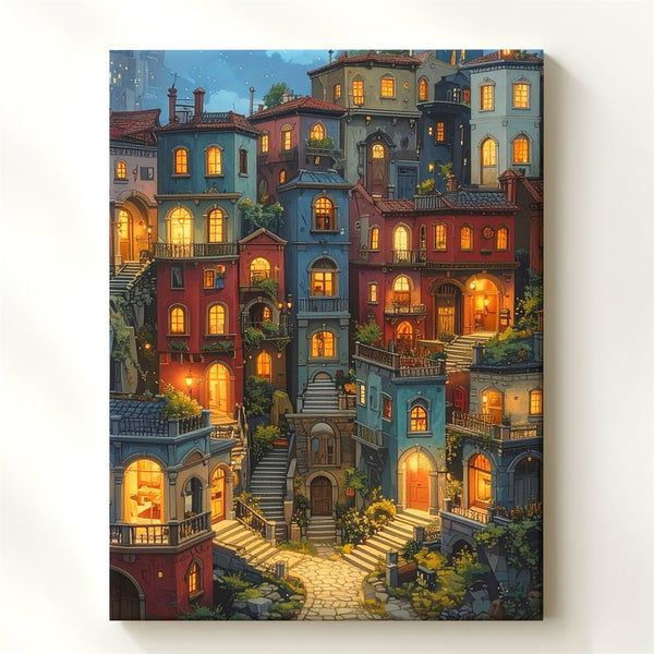 Whimsical Fantasy Village Canvas – Painterly Night Scene of Cozy Architecture - Gifitto
