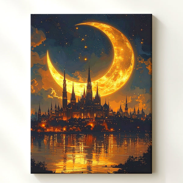 Gothic Fantasy City Canvas – Surreal Nightscape with Crescent Moon and Spires - Gifitto