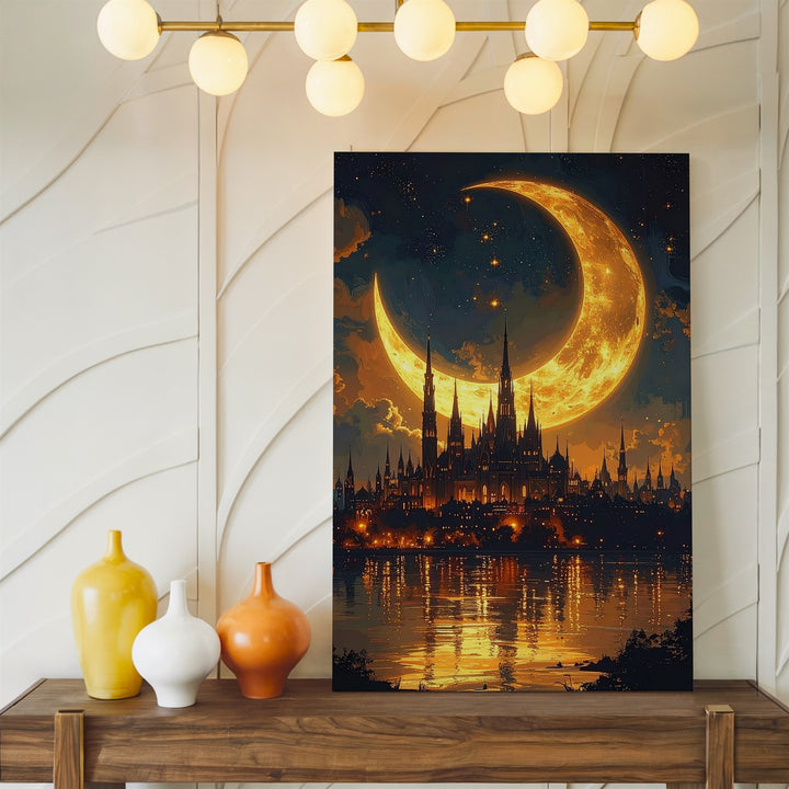 Gothic Fantasy City Canvas – Surreal Nightscape with Crescent Moon and Spires - Gifitto