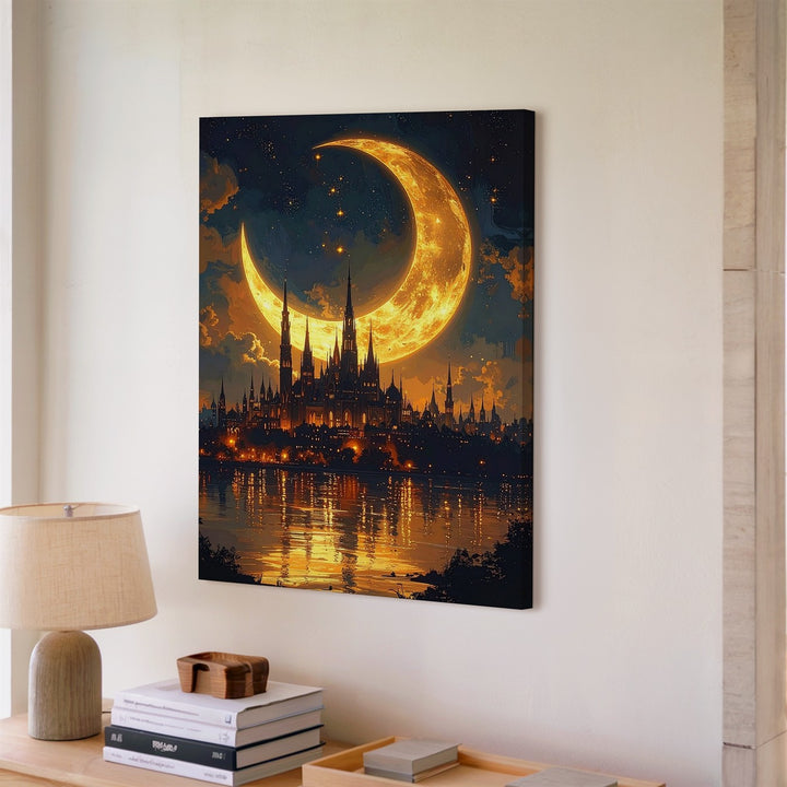 Gothic Fantasy City Canvas – Surreal Nightscape with Crescent Moon and Spires - Gifitto