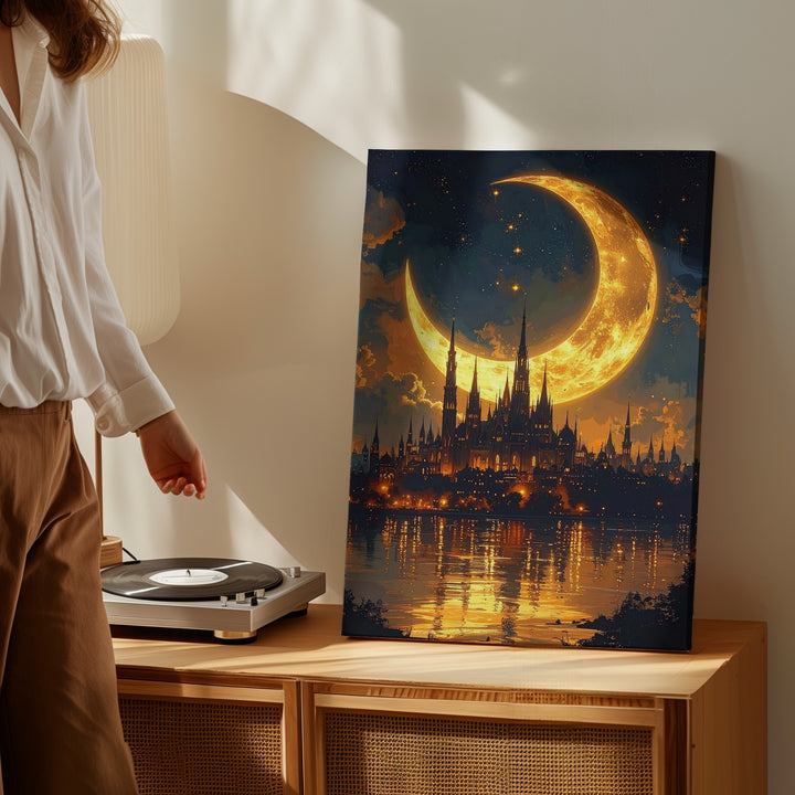 Gothic Fantasy City Canvas – Surreal Nightscape with Crescent Moon and Spires - Gifitto