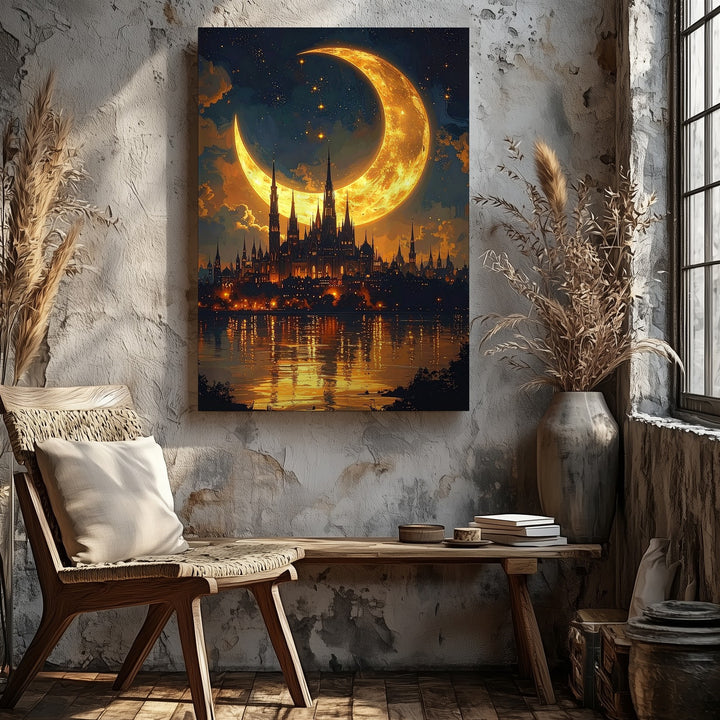 Gothic Fantasy City Canvas – Surreal Nightscape with Crescent Moon and Spires - Gifitto