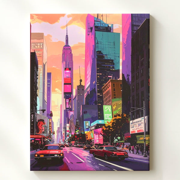 Retro-Futuristic Urban Canvas – Neon Cityscape with Vintage Cars and Skyscrapers - Gifitto