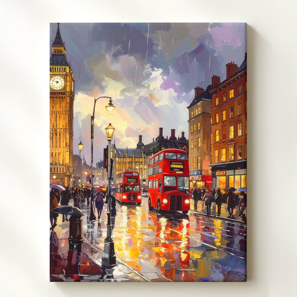 London Rain Canvas – Painterly Street Scene with Big Ben & Red Buses - Gifitto