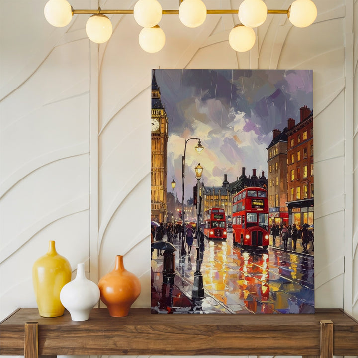 London Rain Canvas – Painterly Street Scene with Big Ben & Red Buses - Gifitto