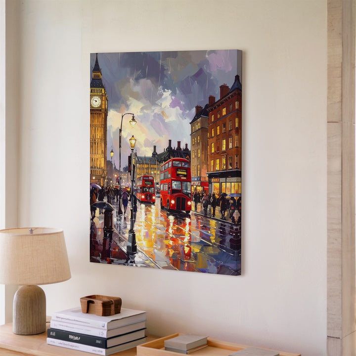 London Rain Canvas – Painterly Street Scene with Big Ben & Red Buses - Gifitto