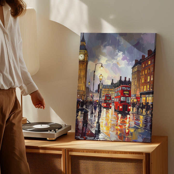 London Rain Canvas – Painterly Street Scene with Big Ben & Red Buses - Gifitto