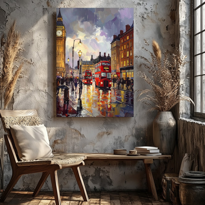 London Rain Canvas – Painterly Street Scene with Big Ben & Red Buses - Gifitto
