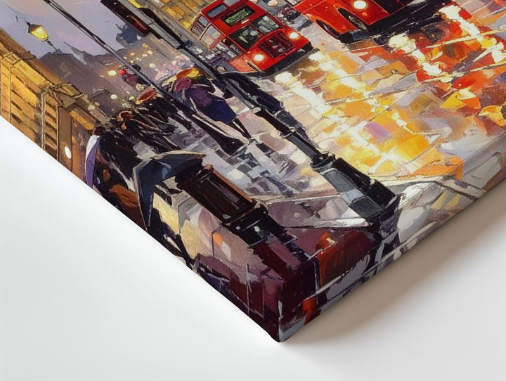 London Rain Canvas – Painterly Street Scene with Big Ben & Red Buses - Gifitto