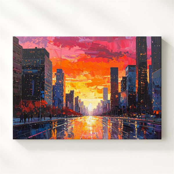 Sunset Pulse City Canvas – Vibrant Urban Skyline with Neon Reflections - Gifitto