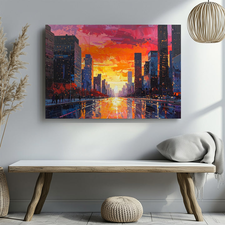 Sunset Pulse City Canvas – Vibrant Urban Skyline with Neon Reflections - Gifitto