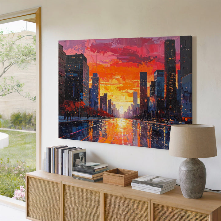Sunset Pulse City Canvas – Vibrant Urban Skyline with Neon Reflections - Gifitto