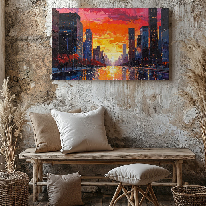 Sunset Pulse City Canvas – Vibrant Urban Skyline with Neon Reflections - Gifitto