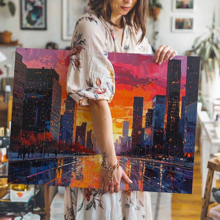 Sunset Pulse City Canvas – Vibrant Urban Skyline with Neon Reflections - Gifitto