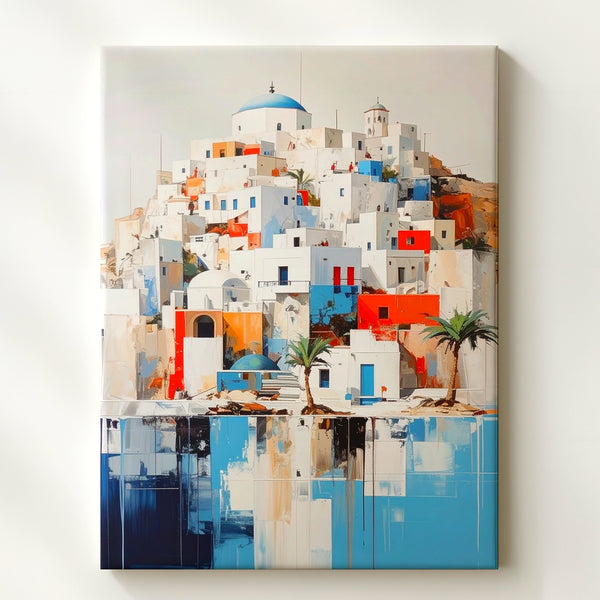 Mediterranean Hilltop Village Canvas – Stylized Architecture with Blue & Orange Accents - Gifitto